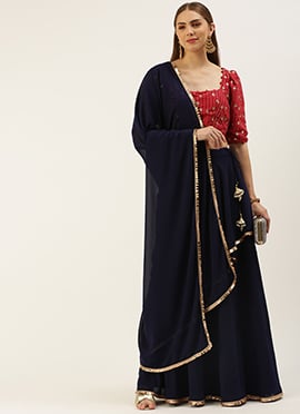 Dark Pink N Navy Blue Embroidered Lehenga