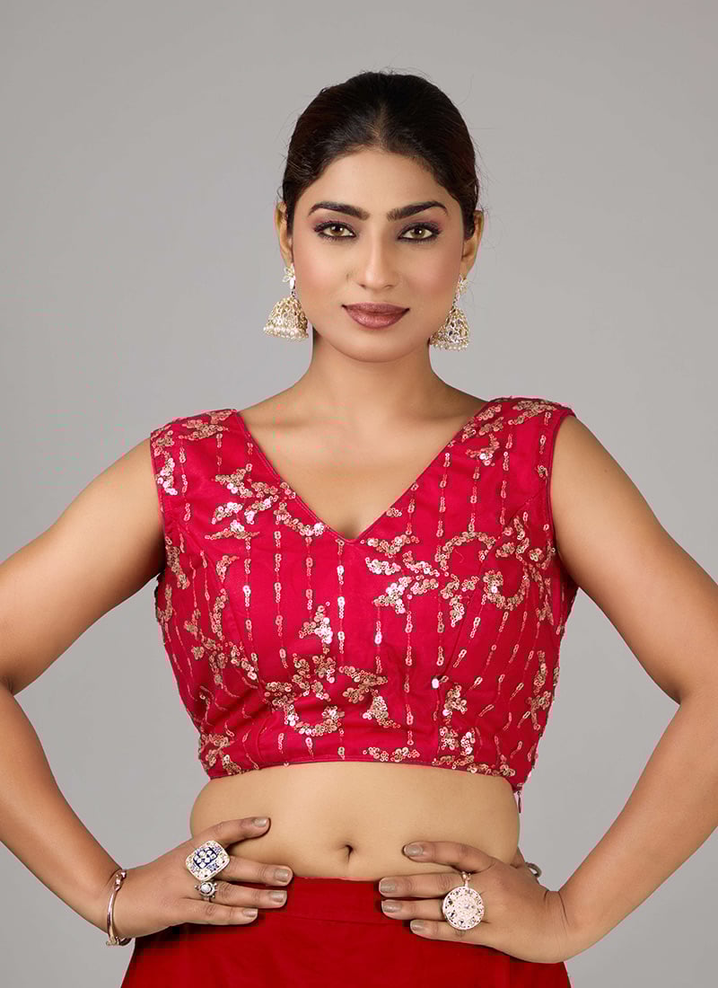 Dark Pink Net Embroidered Sleeveless Blouse Festive Wear