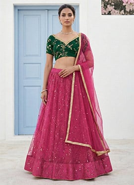 Dark Pink Net Traditional Umbrella Lehenga With Embroidery And Sequins