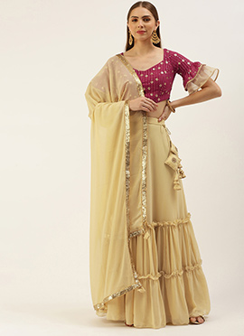 Dark Pink Sequins Embroidered N Beige Georgette Lehenga