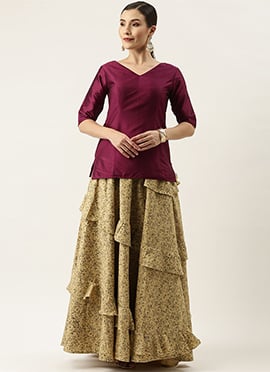 Teen Girls Dark Purple Blouse N Beige Ruffle Skirt Set