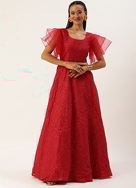 Dark Red Sequins Embroidered Gown