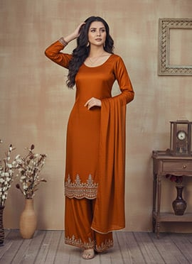 Dark Rust Silk Zari Sequins  Palazzo Suit