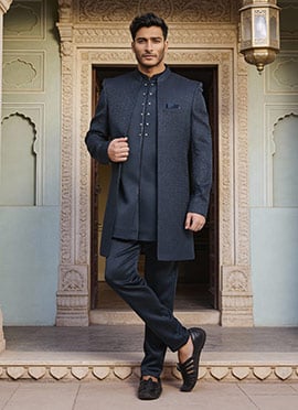 Dark Teal Blue Jacquard Silk Indowestern Jacket Sherwani Set