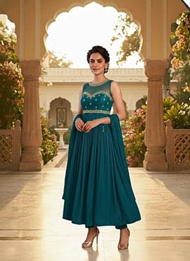 Dark Teal Blue Mul Chanderi Zari Sequins Illusion Neck Anarkali Suit