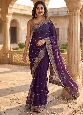 Dark Violet Georgette Hand Work Sari