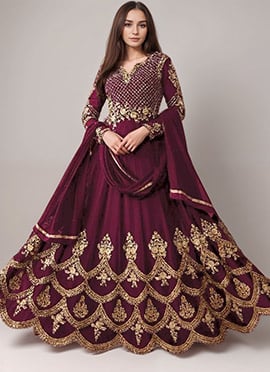Dark Wine Embroidered Abaya Style Anarkali Suit