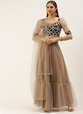 Dark Wine Muslin Sequins Lehenga Set
