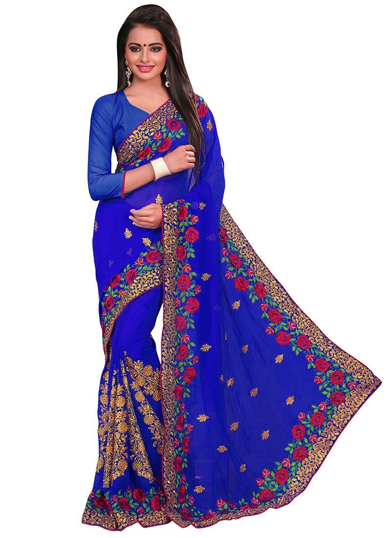 Deep Blue Georgette Embroidered Saree Party Wear