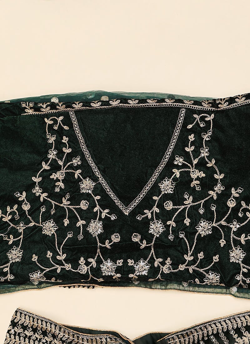Sequins Ina Line Shop Deep Green Velvet Embroidered Sequins A Line Lehenga With Dupatta ...