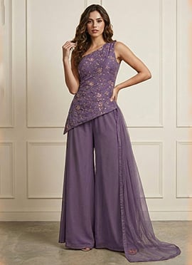 Delicate Lavender Art Silk Embroidered Palazzo Suit