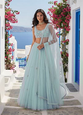 Delicate Light Blue Net Zari Sequins Hand Embroidered Stones Umbrella Lehenga