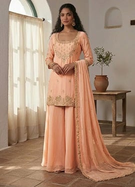 Delicate Peach Georgette Zari Sequins Palazzo Suit