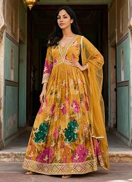 Digital Print Anarkali In Mustard With Stunning Zardosi Embroidered Work