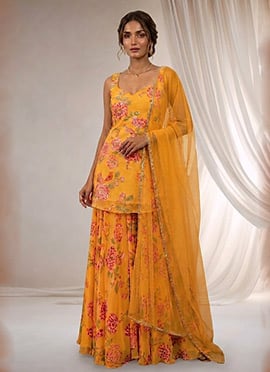 Digital Print Stone Work Georgette Sharara Suit In Yellow