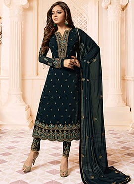 Drashti Dhami Dark Teal Embroidered Straight P