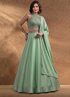 Dreamy Mint Green Chinon Beads Stones Hand Embroidered Umbrella Lehenga