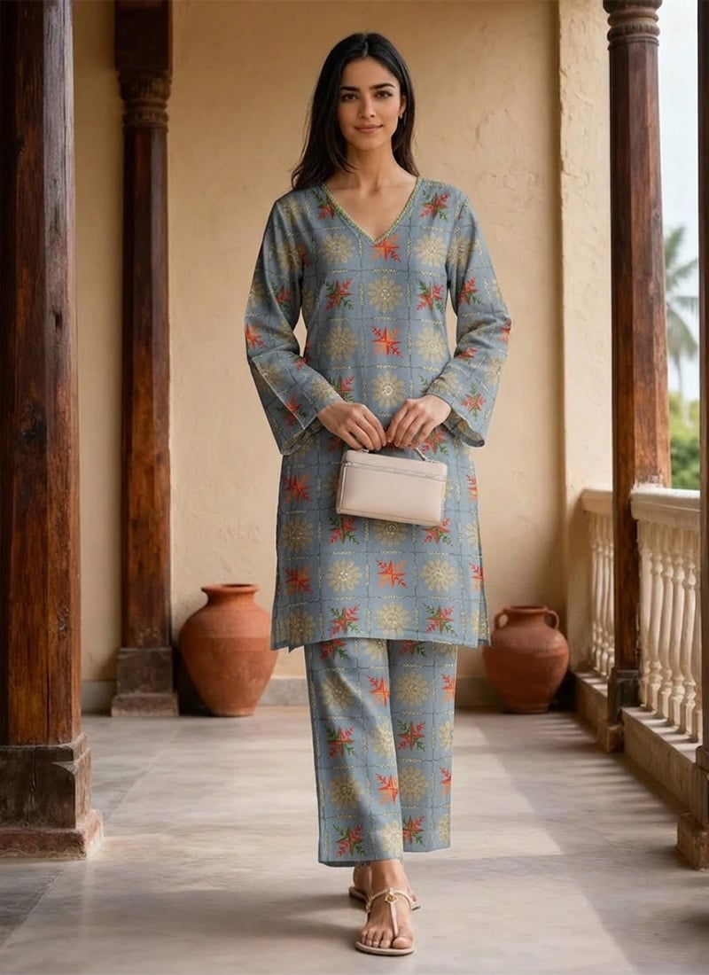 Dusty Blue Muslin Printed Kurta Set After Six Wear