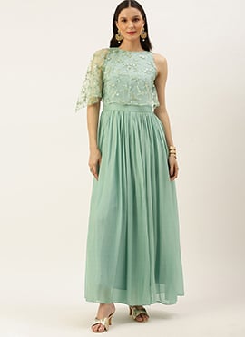 Dusty Blue Net Embroidered Gown