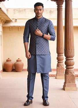 Dusty Blue Silk Sequins Bandi Set