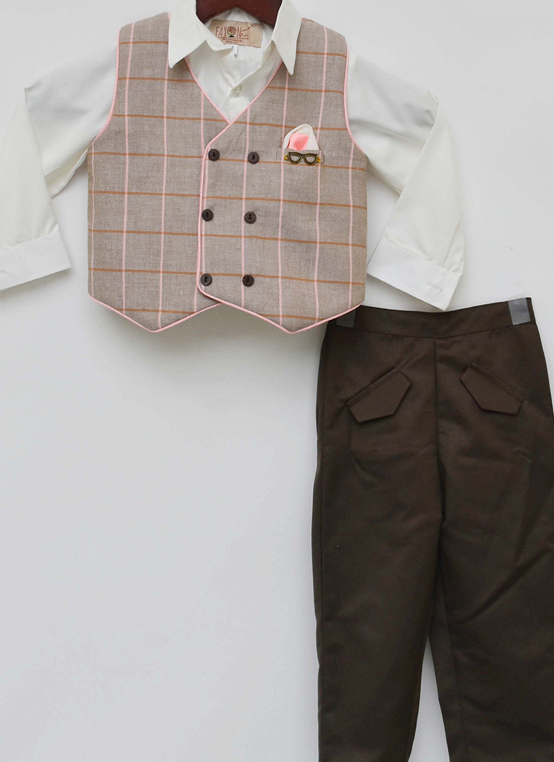 Buy Dusty Brown Waist Coat with White Shirt and Brown Pant Online at
