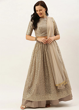 Dusty Gold N Beige Embroidered Layered Lehenga Set