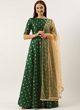 Dusty Gold N Green Jacquard Taffeta Anarkali Suit