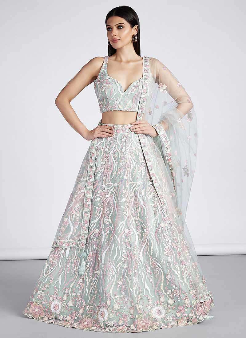 Dusty Green Net Embroidered Umbrella Lehenga Wedding Wear