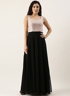 Teen Girls Dusty Pale Peach Embroidered N Black  Gown