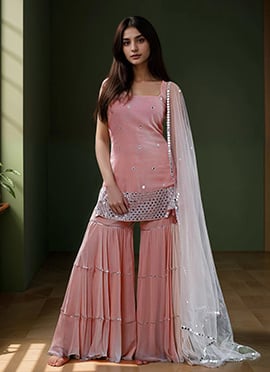 Dusty Peach Georgette Hand Embroidered Mirror Work Sharara Suit