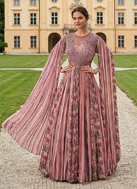 Dusty Pink Chinon Embroidered Sequins Embellished Printed Cape Sleeve Designer Gown