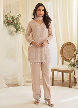 Dusty Pink Georgette Embroidered Sequins Beads Straight Pant Suit
