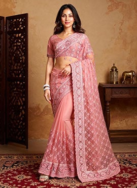 Dusty Pink Net Saree Embroidery Stone Work