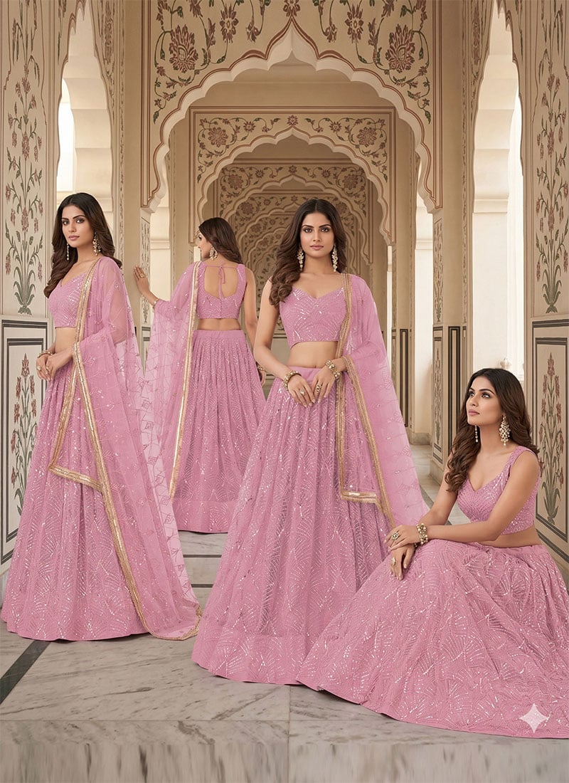 Cbazaar Women's Umbrella Lehenga | Dusty Pink Net Sequins Embroidered Mirror Work Lehenga | Pink | Chic Style | Wedding Reception | Classic Neck Style Cbazaar Women's Umbrella Lehenga | Dusty Pink Net Sequins Embroidered Mirror Work Lehenga | Pink | Chic Style | Wedding Reception | Classic Neck Style