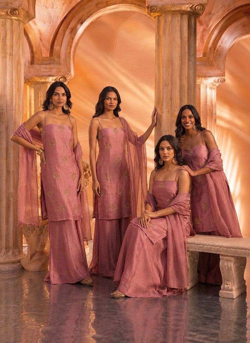 Dusty Pink Silk Hand Embroidered With Stone Work Palazzo Suit After Six Wear