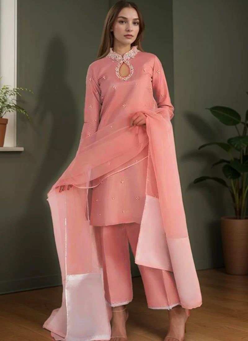 Dusty Pink Silk Zari Hand Embroidered Stones Palazzo Suit Festive Wear