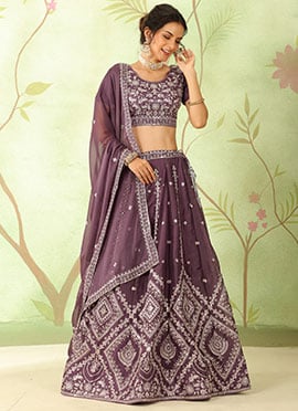 Dusty Purple Chinon Zari Embroidered Sequins Lehenga