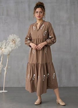 Earth Brown Muslin Tiered Midi Dress With Embroide