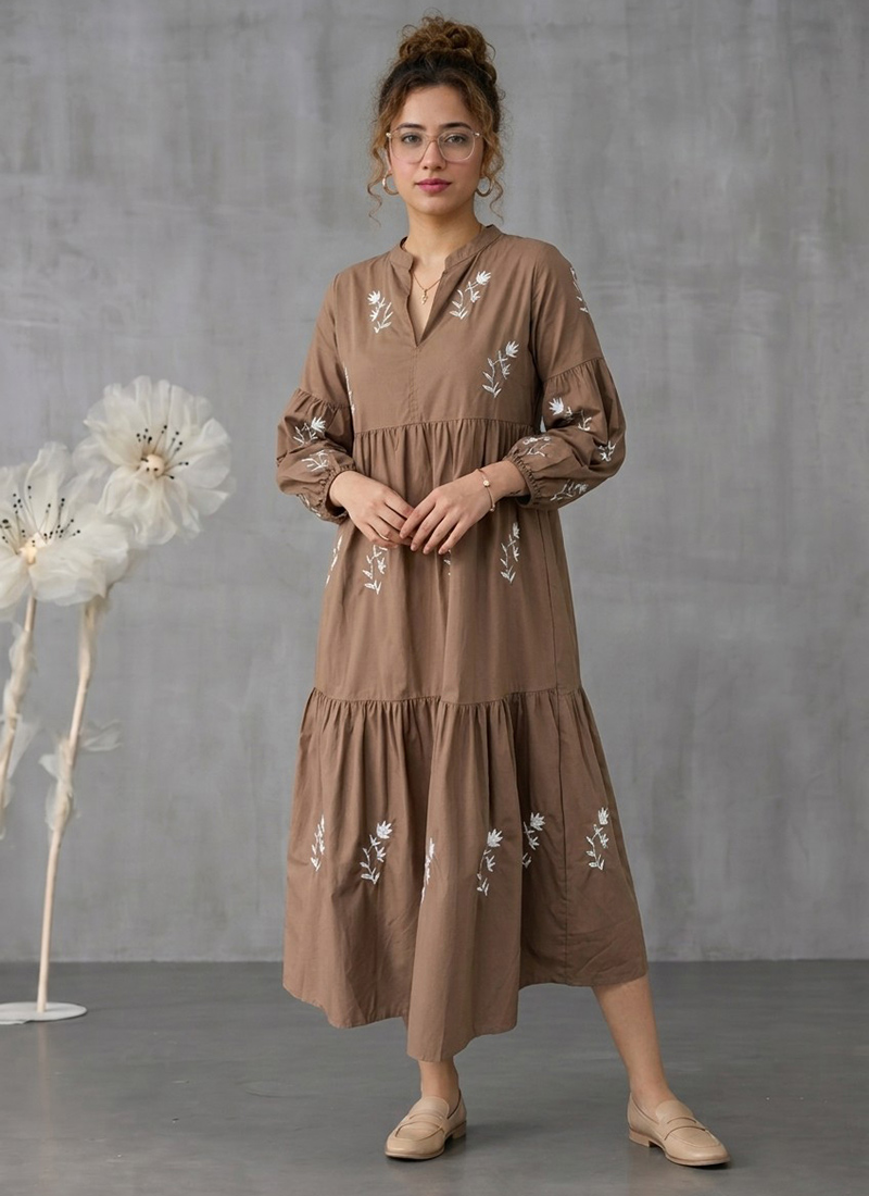 Earth Brown Muslin Tiered Midi Dress With Embroide After Six Wear