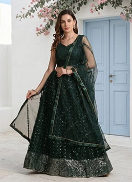 Elegant A Line Lehenga In Dark Green Net Embroidered Sequins