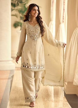Elegant Beige Shimmer Silk Embroidered Mirror Work Straight Pant Suit