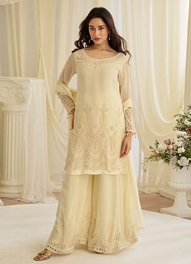 Elegant Beige Silk Embroidered Mirror work Sequins Beads Palazzo Suit