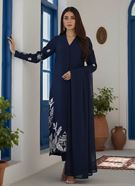 Elegant Blue Silk Resham Foil Embroidered Straight Pant Suit