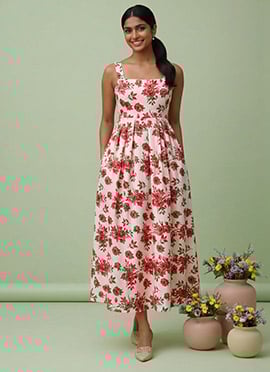 Elegant Cream Satin Floral Indowestern Dress