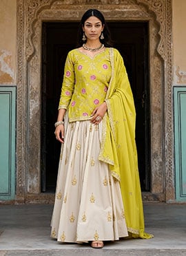 Elegant Cream Tissue Silk Embroidered Sequins Long Choli Lehenga