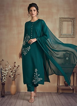 Elegant Dark Teal Silk Sequins Cutdana Hand Embroidered Straight Pant Suit