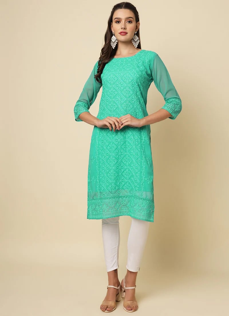 Elegant Faux Georgette Chikankari Straight Kurti After Six Wear