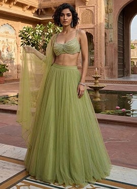 Elegant Green Net Beads Sequins Hand Embroidered Umbrella Lehenga