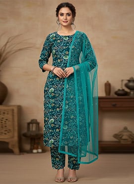 Elegant Green Silk Cotton Suit Set