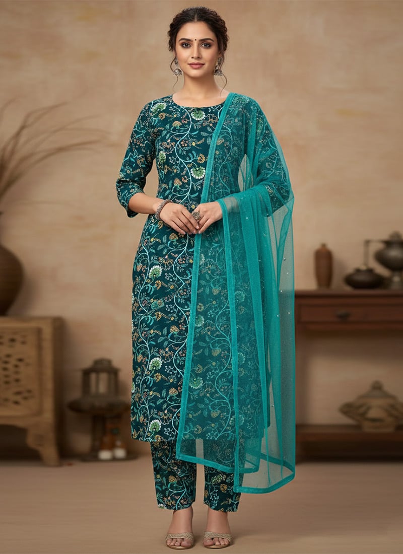 Elegant Green Silk Cotton Suit Set  After Six Wear